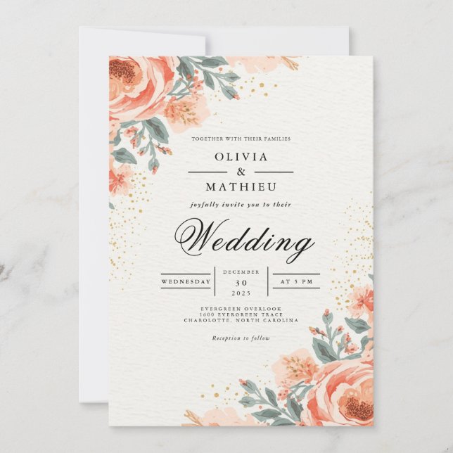 Convite Peachy Floral Arch Flourish Wedding (Frente)