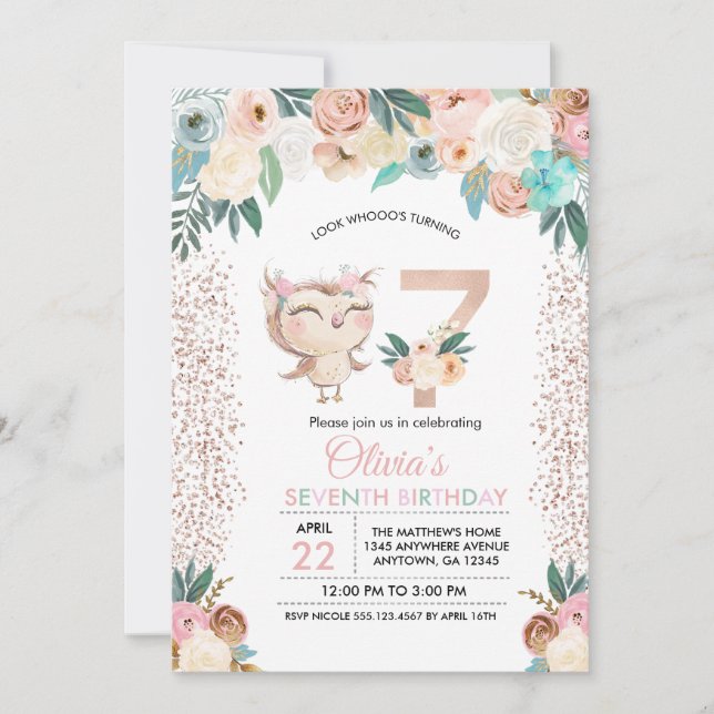 Convite Peachy Owl Sétimo Aniversário (Frente)