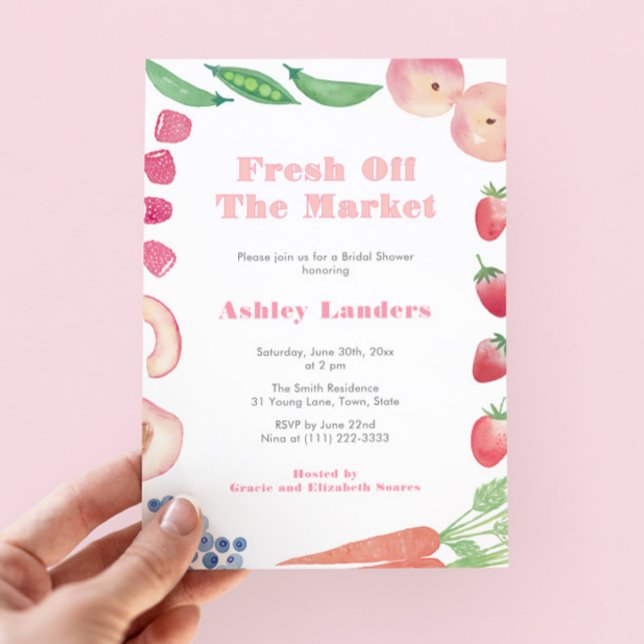 Convite Peachy Pink Off The Market Bridal Shower (She's Fresh Off The Market! Watercolor Farmers Market Bridal Shower Invite With Peachy Pink accents)