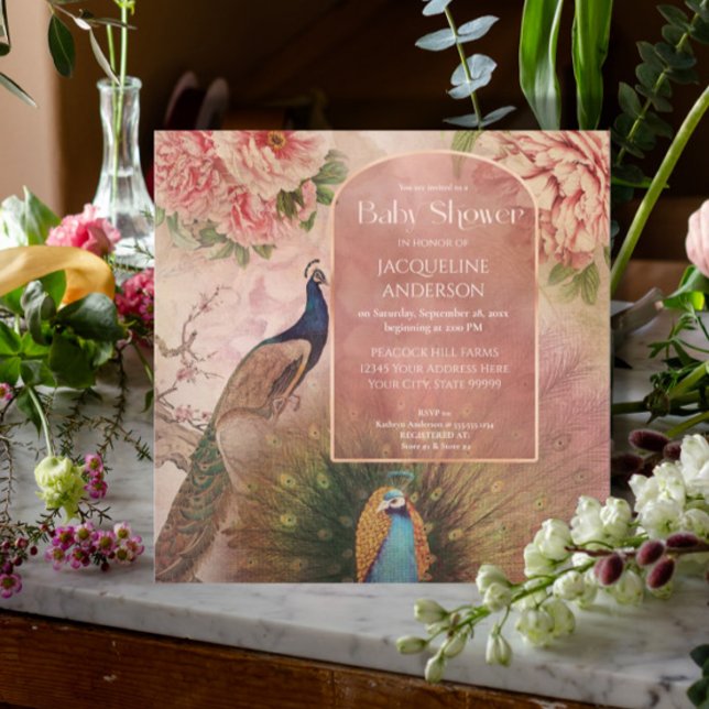 Convite Peacock Arch Blush Pink Peony Flower Baby Shower (Criador carregado)