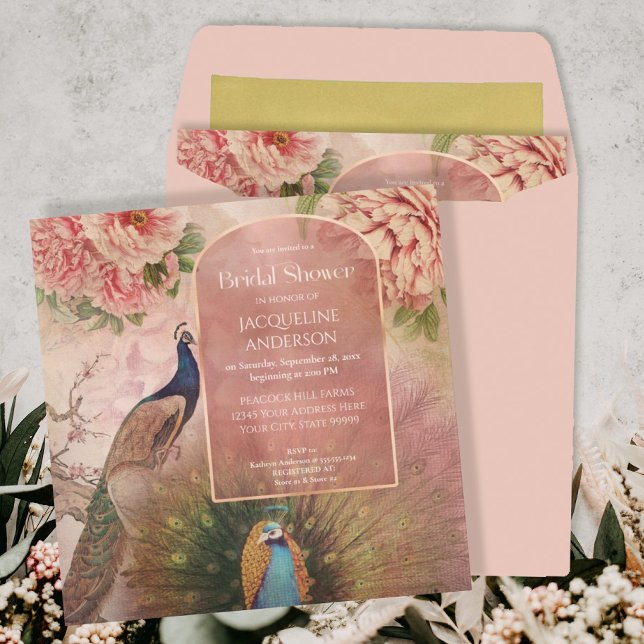 Convite Peacock Arch Blush Pink Peony Flower Chá de panela (Criador carregado)