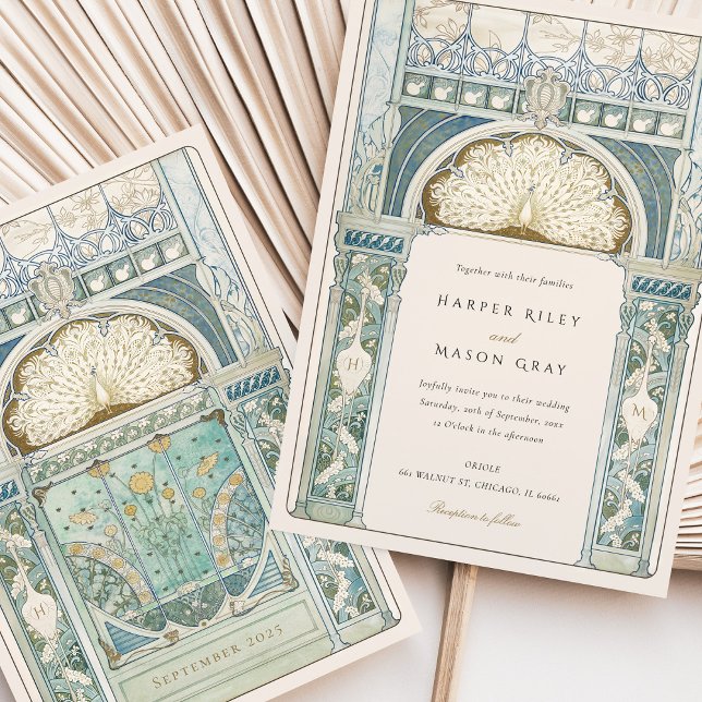 Convite Peacock Art Nouveau Wedding (Criador carregado)