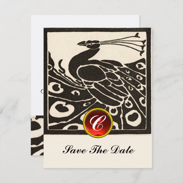 CONVITE PEACOCK BRANCO ELEGANTE PRETO, MONOGRAMA GEM RUBY  (Frente/Verso)