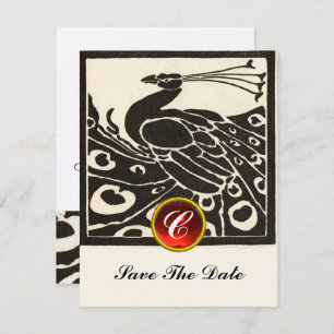 CONVITE PEACOCK BRANCO ELEGANTE PRETO, MONOGRAMA GEM RUBY