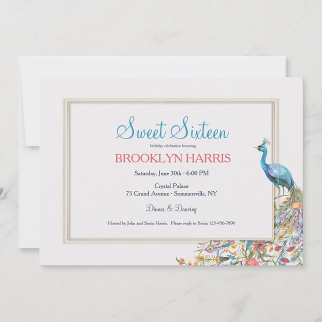 Convite Peacock Doce Dezesseis Festas de aniversário (Frente)
