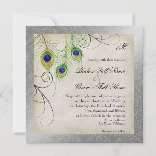 Convite Peacock Feather Casamento tema damasco Stationery (Frente)