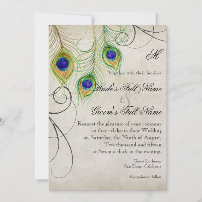 Convite Peacock Feather Casamento tema damasco Stationery (Frente)
