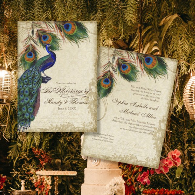 Convite Peacock & Feathers Formal Wedding Tea Stained (Criador carregado)