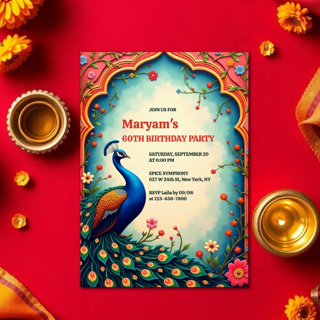 Convite Peacock Floral 60º Aniversário do Elegante Indiano (Indian Shashtipoorthi Peacock 60th Birthday Invitation Elegant Floral Design)