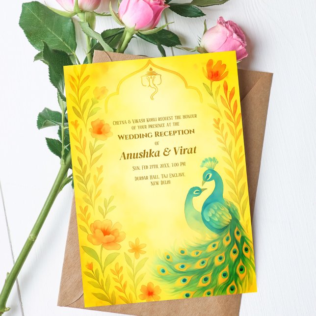 Convite Peacock Floral, Recepção de casamento hindu indian (Criador carregado)