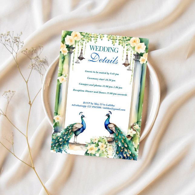 Convite Peacock jasmine índia detalhes do casamento RSVP (Indian wedding RSVP wedding details card template instant digital download peacock jasmine garden)