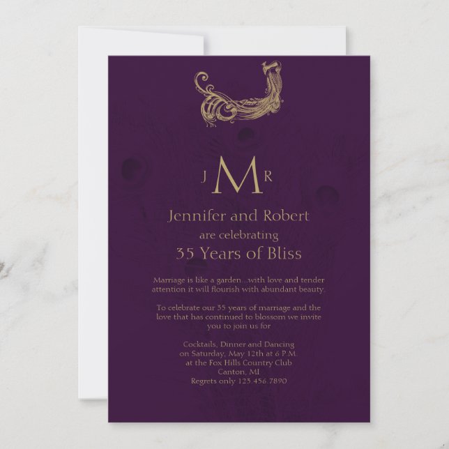 Convite Peacock Regency em Roxo Aniversário de Casamento (Frente)