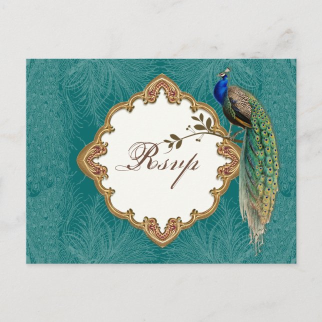 Convite Peacock & Swirls do ouro - Cartão postal de respos (Frente)