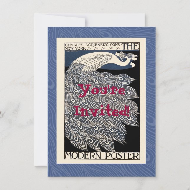 Convite Peacock Vintage Blue Art Nouveau Art (Frente)
