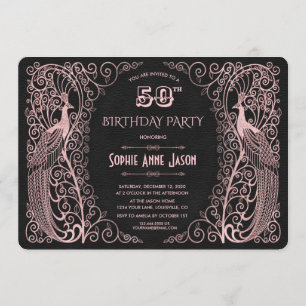 Convite Peacocks de Arte Dourada Rosa 50ª Festa de aniver