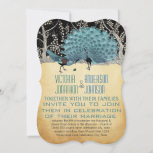 Convite Peacocks Dourados e Negros na Floresta