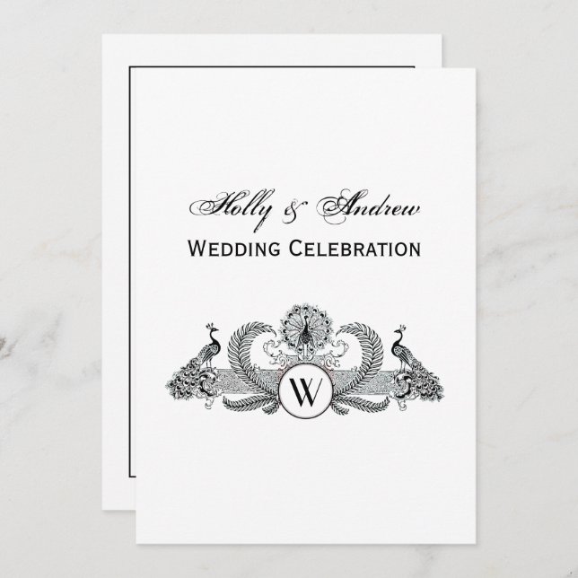 Convite Peacocks Vintage com Monograma (Frente/Verso)