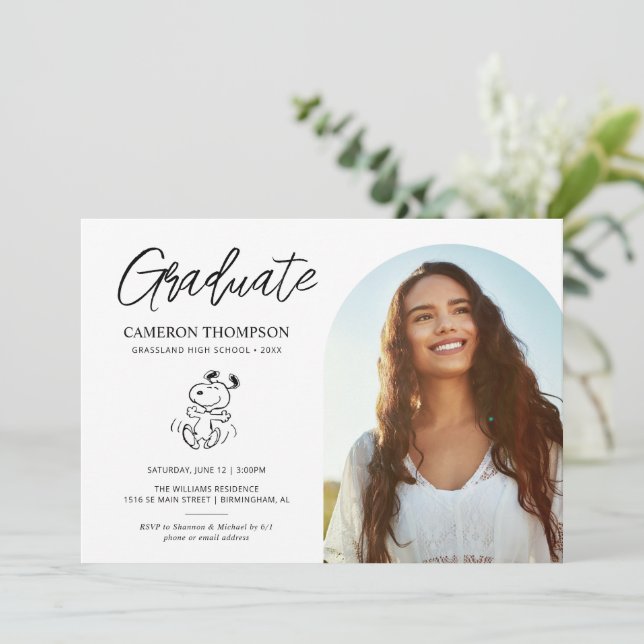 Convite Peanuts Snoopy | Festa de formatura escolar (Em pé/Frente)