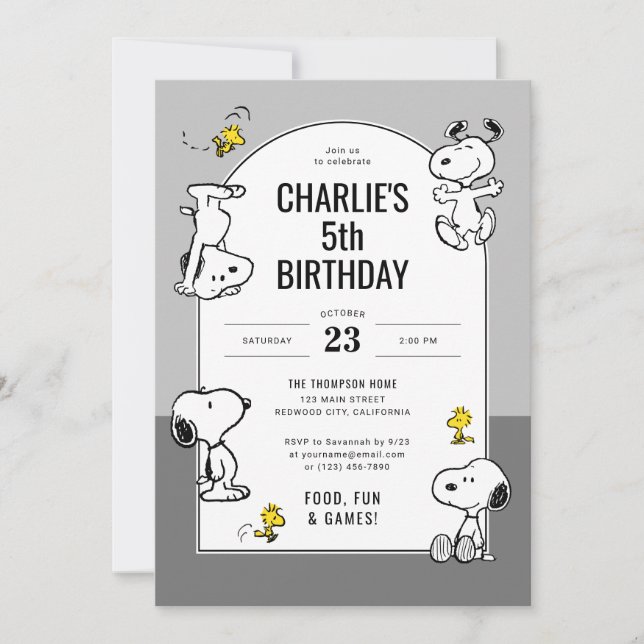 Convite Peanuts Snoopy & Woodstock Cinza Aniversário (Frente)