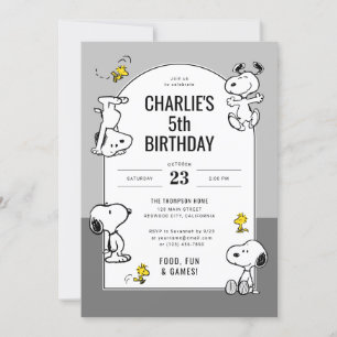 Convite Peanuts Snoopy & Woodstock Cinza Aniversário
