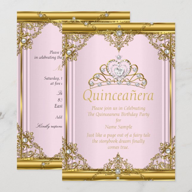 Convite Pearia Branca Dourada, Princesa Quinceanera Blush (Frente/Verso)