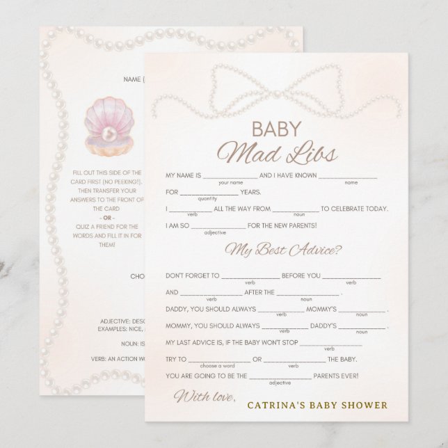 Convite Pearl Baby Shower Game - Editable Name, 5x7 (Frente/Verso)