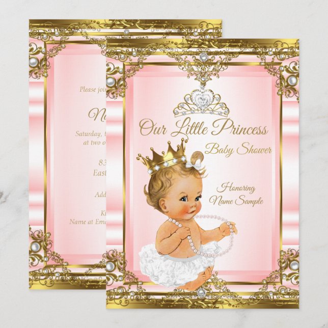 Convite Pearl branco rosa Dourado princesa Chá de fraldas  (Frente/Verso)