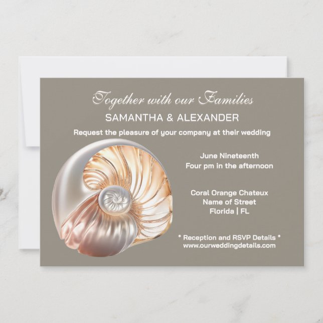 Convite Pearl Conch Shell Beach Wedding (Frente)