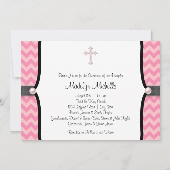 Convite Pearl Cross Pink Chevron Christening (Frente)