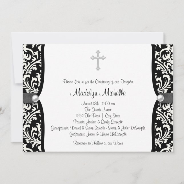 Convite Pearl Cross White e Black Damask Christening (Frente)