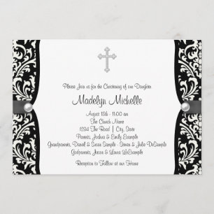 Convite Pearl Cross White e Black Damask Christening