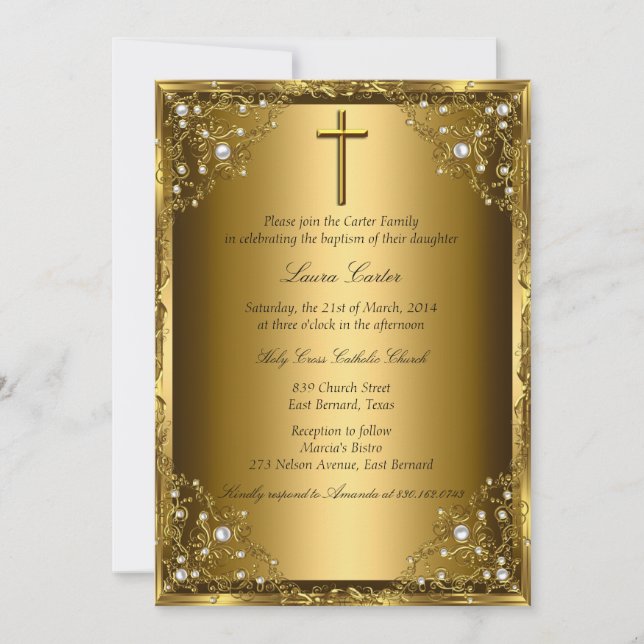 Convite Pearl Damask & Cross Dourado Baptism (Frente)