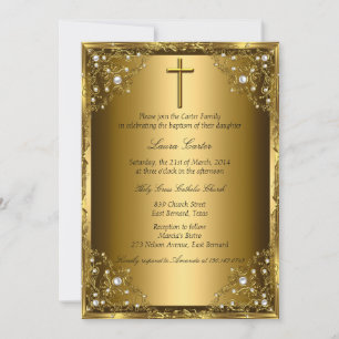 Convite Pearl Damask & Cross Dourado Baptism