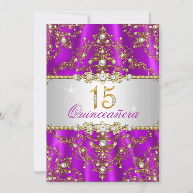 Convite Pearl Damask Quinceanera Elegante Roxo Dourado (Frente)