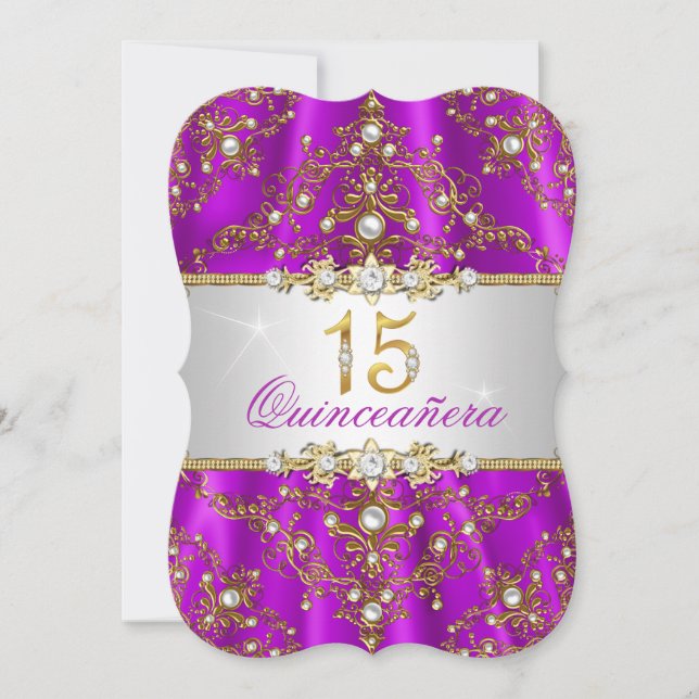 Convite Pearl Damask Quinceanera Invite Pearl Dourado Roxo (Frente)