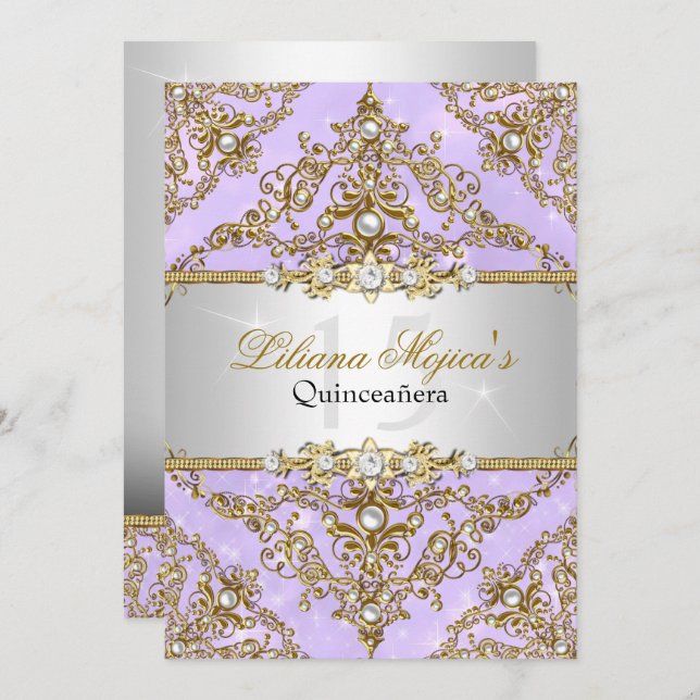 Convite Pearl Damask Quinceanera, Roxo e Dourado (Frente/Verso)