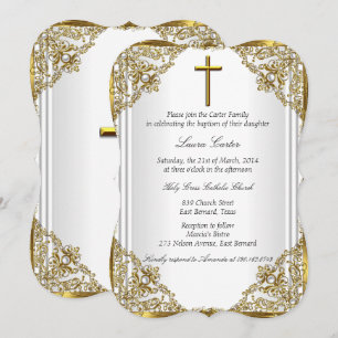 Convite Pearl Dourado Branco Damask Cross Baptism Christen