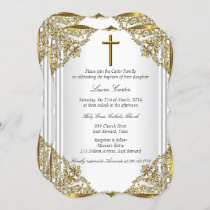 Convite Pearl Dourado Branco Damask Cross Baptism Christen