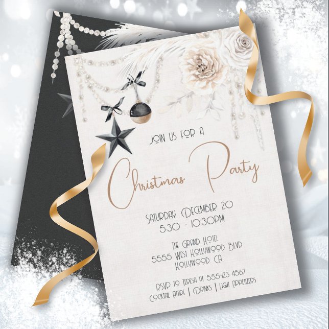 Convite Pearl Floral Black & White Christmas Party (Criador carregado)