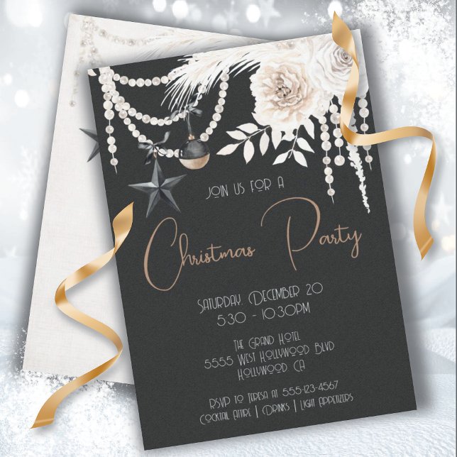 Convite Pearl Floral Black & White Christmas Party (Criador carregado)
