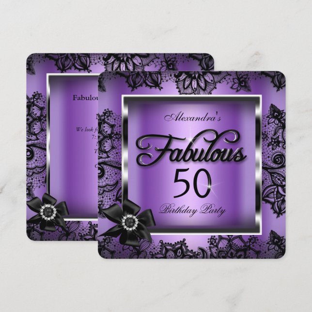 Convite Pearl preto de cadarço roxo de 50 fabulosas festas (Frente/Verso)