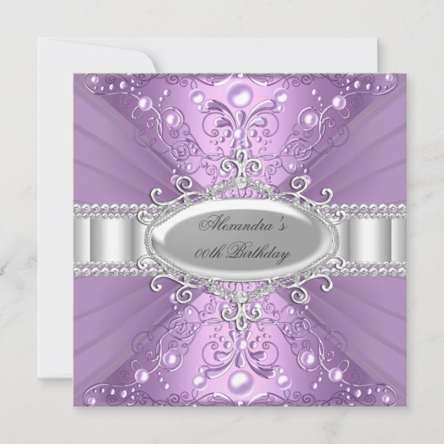 Convite Pearl Roxo e Diamond Damask Aniversário (Frente)