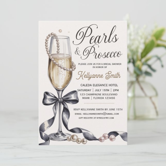 Convite Pearls and Prosecco Black Bow Bridal Shower  (Em pé/Frente)