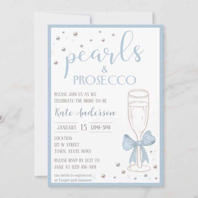 Convite Pearls and Prosecco Blue Bow Bridal Shower (Frente)