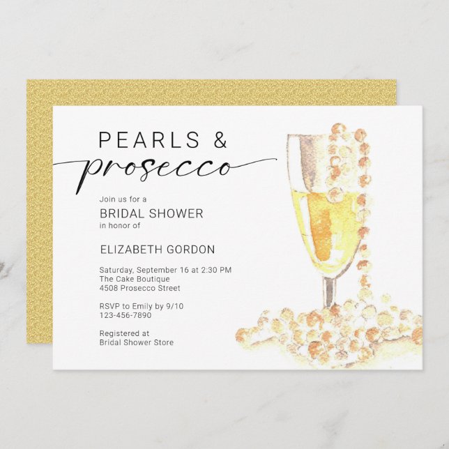 Convite Pearls and Prosecco Bridal Shower Custom Minimal  (Frente/Verso)