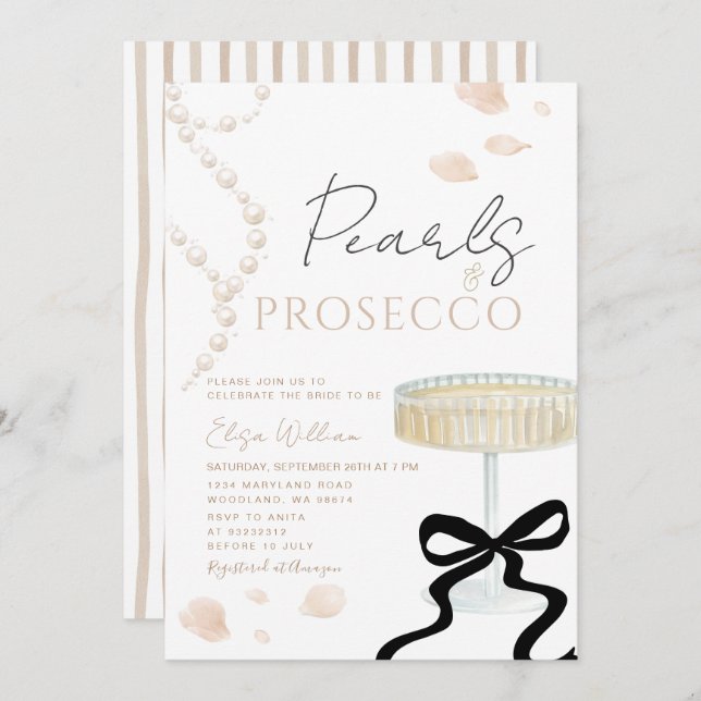 Convite Pearls and Prosecco Ivory Bow  Bridal Shower  (Frente/Verso)