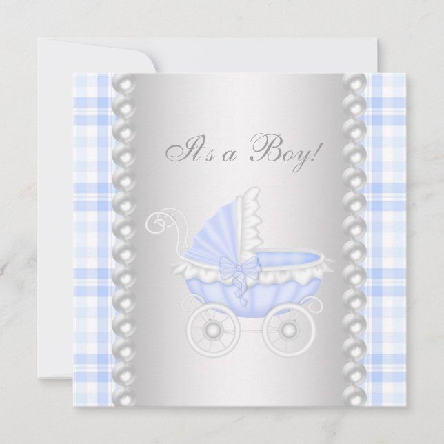 Convite Pearls Blue Gingham Carruagem Baby Boy Chá (Frente)