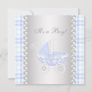 Convite Pearls Blue Gingham Carruagem Baby Boy Chá