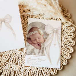Convite Pearls Bow Ivory elegant Arch Photo Baptism