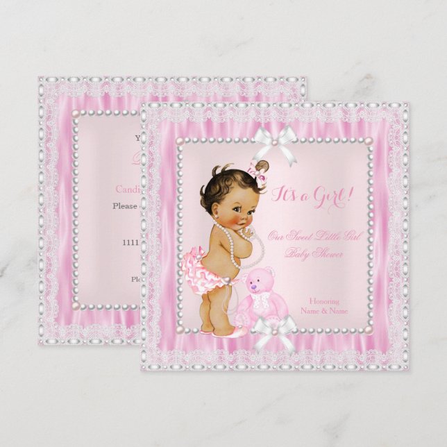 Convite Pearls De Chá de fraldas De Garota Doce Lace Brune (Frente/Verso)